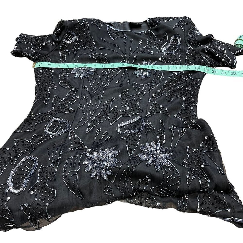 Robert Anthony Black Silver Sequined Beaded Short Sleeve Lined Silk Dress Size 8 - Picture 10 of 14